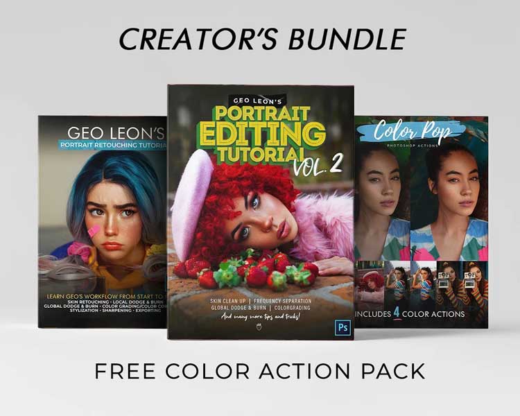 Geo Leon's Portrait Retouching Tutorial VOLUME I & II + Color Action pack Bundle with BONUS 1 Geo Leon's Portrait Retouching Tutorial VOLUME I & II + Color Action pack Bundle with BONUS