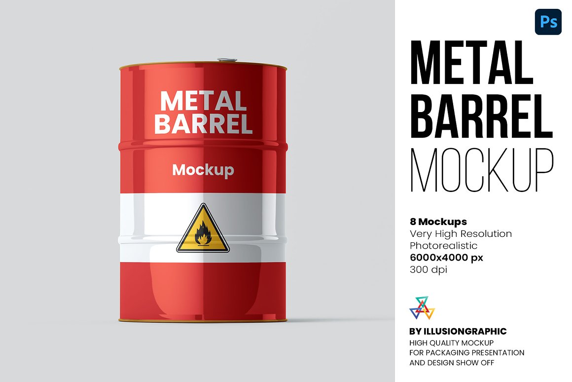 CreativeMarket - Metal Barrel Mockup - 8 views 6564800
