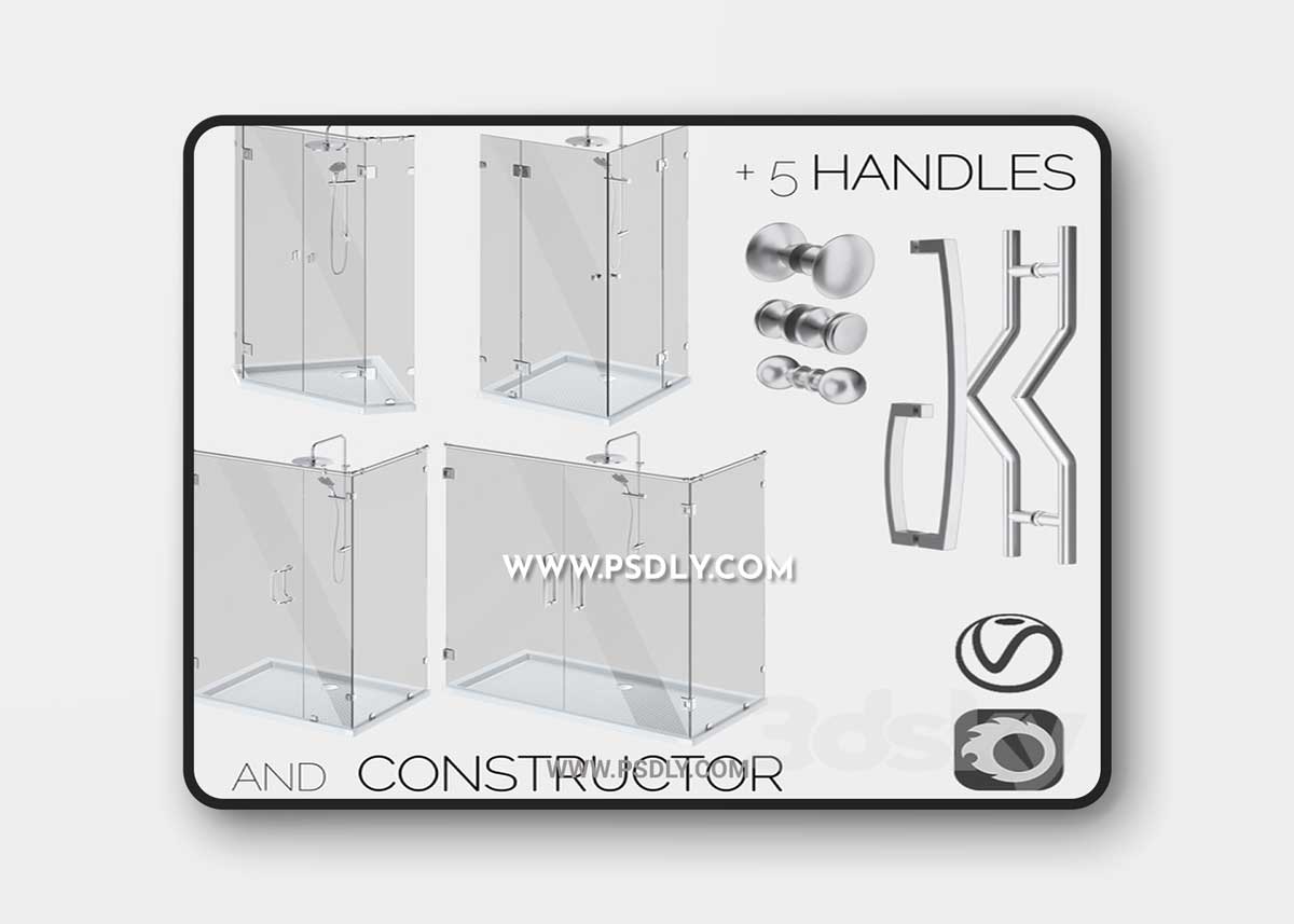 Angled glass shower cabins, designer and handle set 1 Angled glass shower cabins, designer and handle set