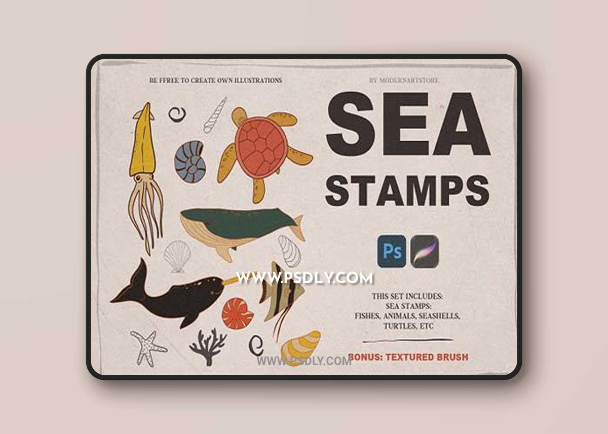 SEA STAMPS for Photoshop & Procreate +Vintage Color Palette