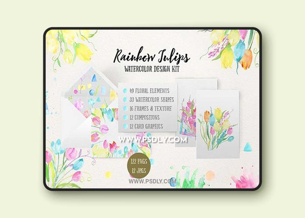 Watercolor Design Kit Rainbow Tulips 1 Watercolor Design Kit Rainbow Tulips