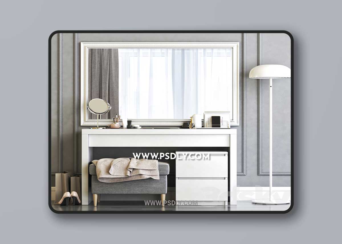 IKEA MALM Dressing Table with SONGE wall mirror and Strandmon Gray Ottoman 1 IKEA MALM Dressing Table with SONGE wall mirror and Strandmon Gray Ottoman