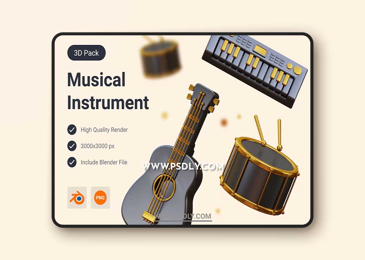 Acoustic Guitar, Drum & Piano 3D Illustration 1 Acoustic Guitar, Drum & Piano 3D Illustration