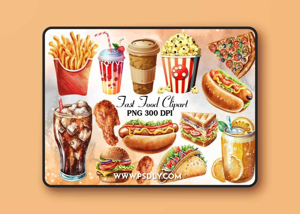 Watercolor Fast Food Clipart Bundle 1 Watercolor Fast Food Clipart Bundle