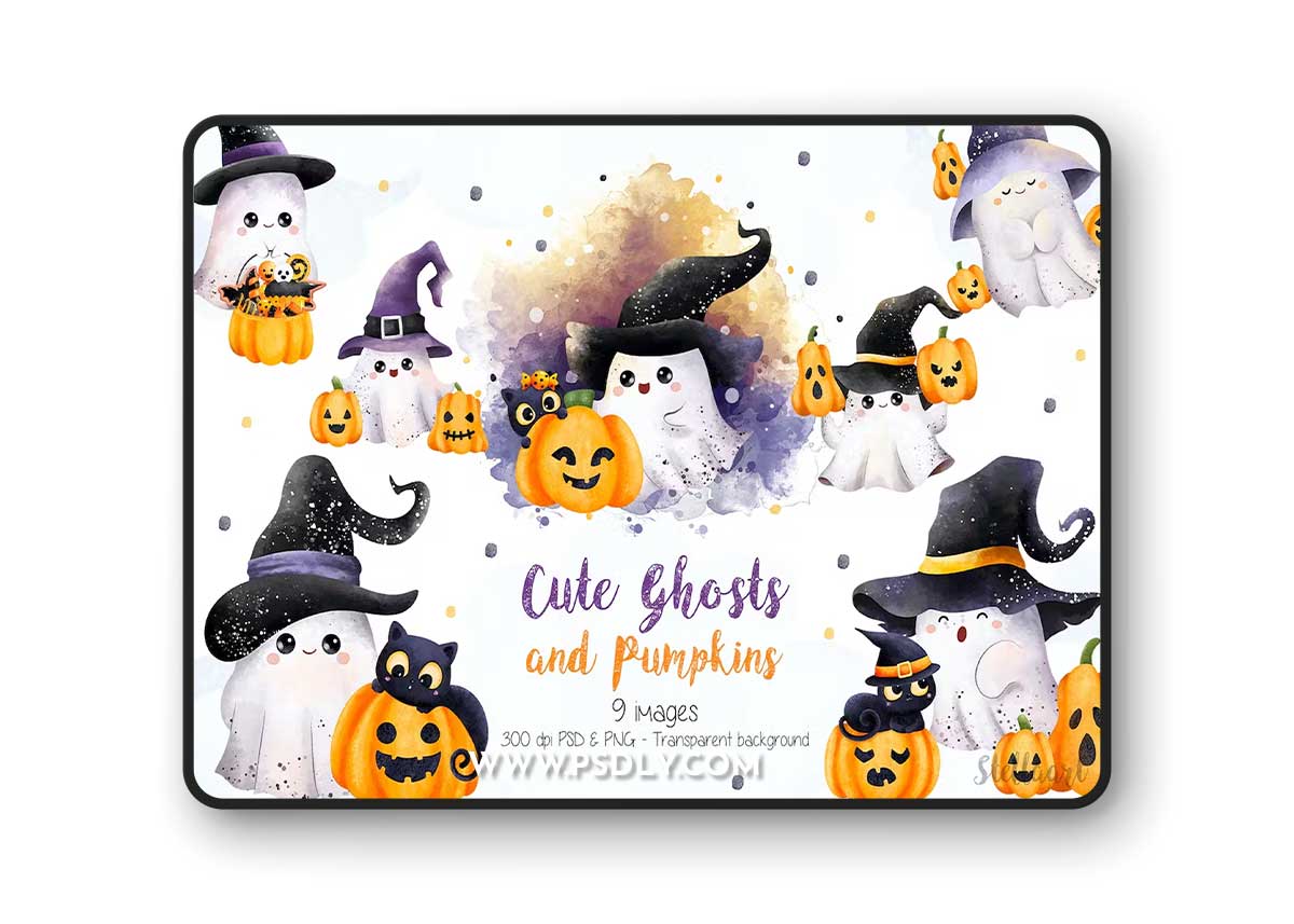 Little Ghosts with Pumpkins and Black Cat Clipart PFDDYHF 1 Little Ghosts with Pumpkins and Black Cat Clipart PFDDYHF