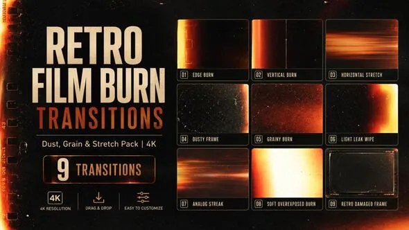 Videohive - Retro Film Burn Transitions — Dust, Grain & Stretch Pack | 4K DaVinci Resolve - 64247737 1 Retro Film Burn Transitions — Dust Grain Stretch Pack 4K DaVinci Resolve