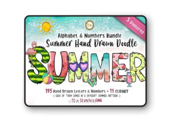 Summer Hand Drawn Doodle Alphabet with Numbers Set