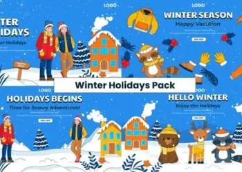 Videohive Winter Holidays Begins Cartoon Website Banner Pack with Snowy Mountains Cute Animals 65648116